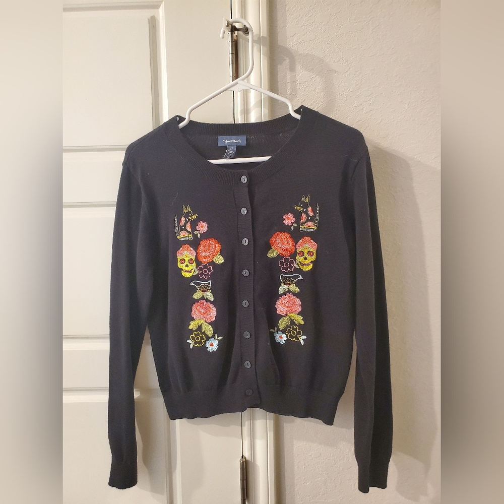 Modcloth Embroidered Dia de los Muertos Cardigan - Black